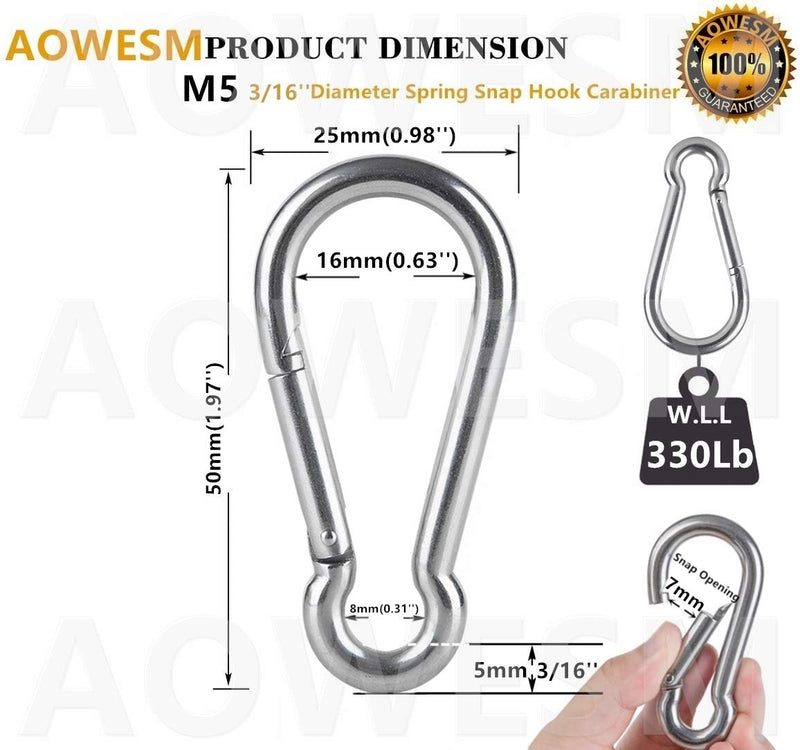 AOWESM Stainless Steel Spring Snap Hook Carabiner - Heavy Duty Carabiners - 304 Stainless Steel Clips (M5 - Set of 10) M5 - Set of 10