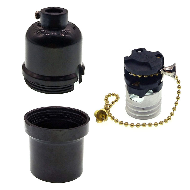 Phenolic Medium Base Light Socket with Pull Chain Switch,3 Pack TWDRTDD Black Period Style E26 E27 Edison Retro Pendant Lamp Holder (1/8 IP Thread Cap)