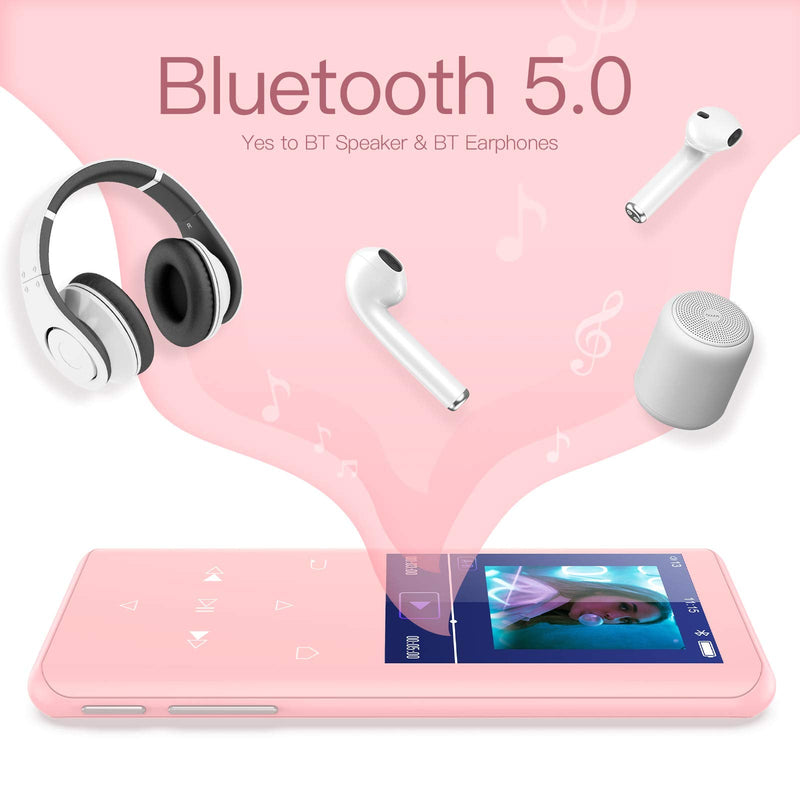 32GB MP3 Player with Bluetooth 5.0, AGPTEK A17X 2.4" Curved Screen Music Player with Speaker Lossless Sound with FM Radio, Voice Recorder, Supports up to 128GB Pink