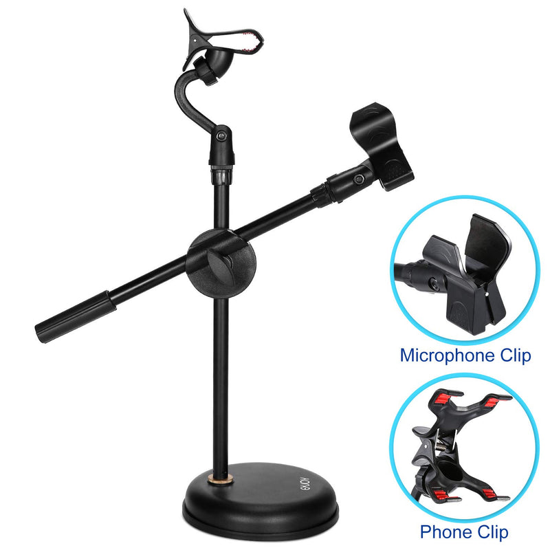 Desktop Microphone Stand with Smartphone Holder, EXJOY Adjustable mic stand with Non-Slip mic holder clamp, Heavy Round Base (1.27kg)