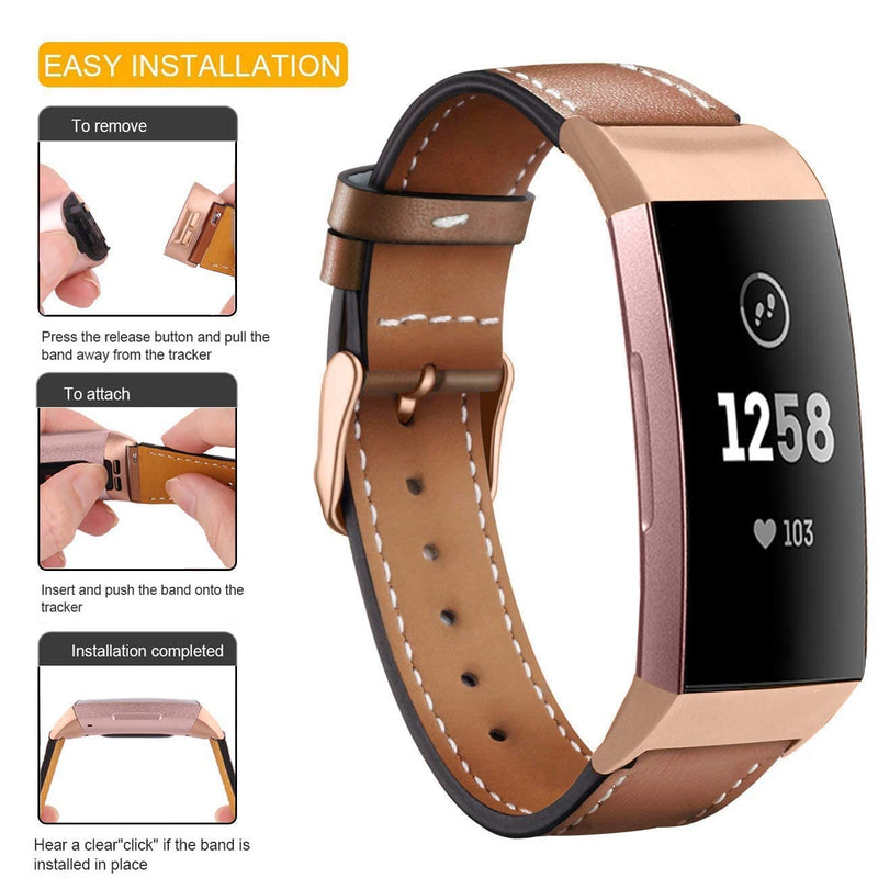 MORNEX Leather Band Compatible for Fitbit Charge 3/ Charge 4, Replacement Genuine Leather Bands for Women Men 03.Royal Gold Connector & Brown 5.5 - 8.1 Inch