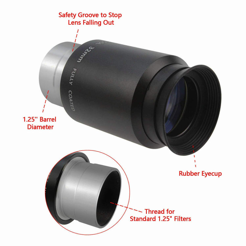 Astromania 1.25" 32mm Plossl Telescope Eyepiece - 4-Element Plossl Design - Threaded for Standard 1.25inch Astronomy Filters