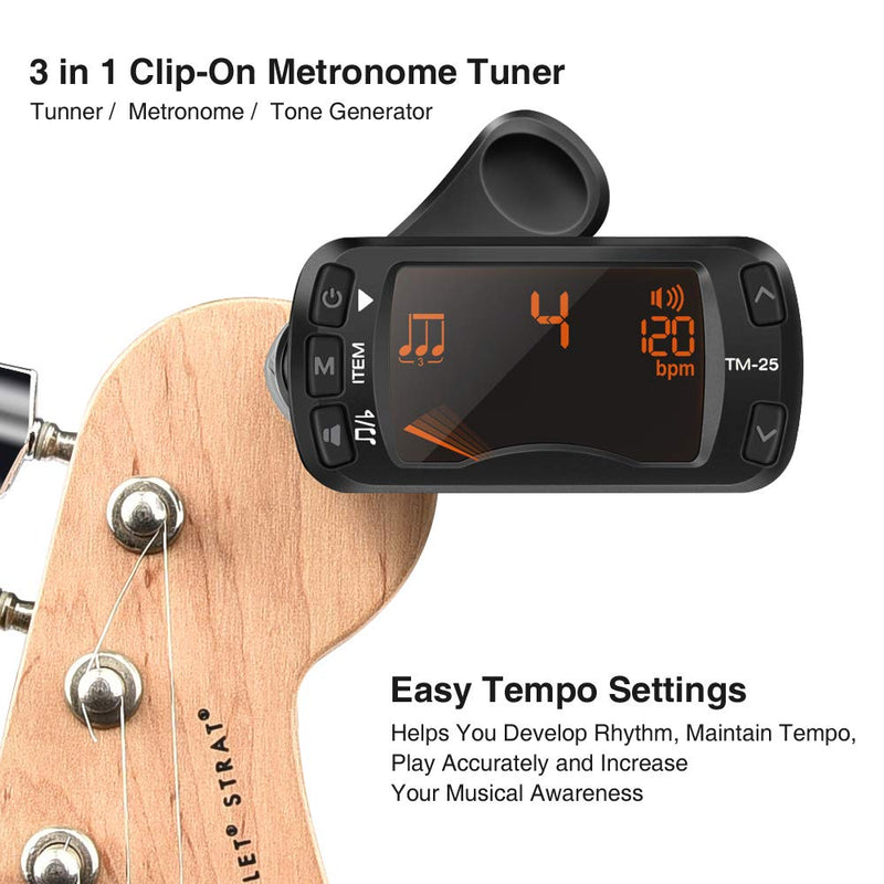 LEKATO Guitar Tuner Clip On Metronome Tuner Tone Generator 3 in 1 Multifunction Portable for All Instruments, Bass, Chromatic, Instruments, Violin and Ukulele (Battery Clipped on the Silicone Pad)