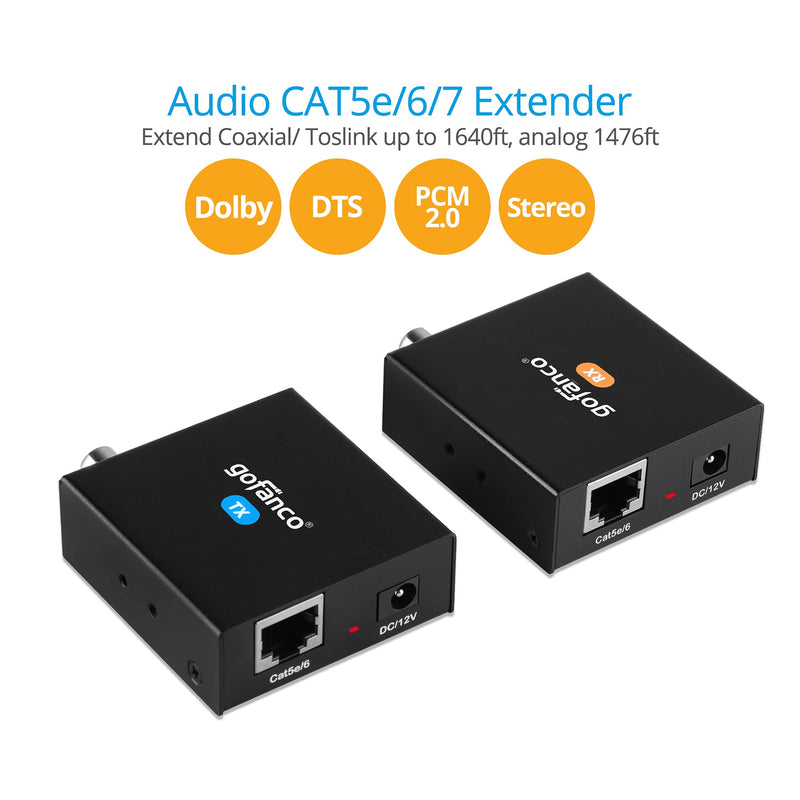 gofanco Audio Extender Over CAT5e / CAT6 - Coaxial/Toslink/Analog Audio, 1640ft (500m) Extension, Bi-Directional PoC, Up to 5.1-Channel, Supports Analog Stereo and Digital Audio (AudioCATExt500) 1640ft 5.1-Channel