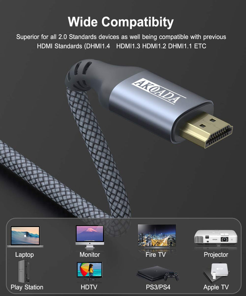 HDMI Cable (2 Pack 10FT),Akoada 4K High Speed HDMI 2.0-28AWG Nylon Braided Cable 4K 60Hz HDR Video HDCP2.2 3D 2160P 1080P Compatible with Ethernet ARC UHD TV,PS4 / 3,X-Box, Monitor 4K Fire Netflix etc GREY