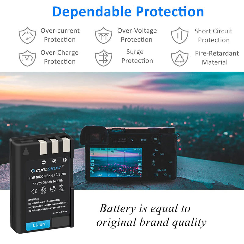 COOLSHOW EN-EL9 Battery 2 Pack and Dual EN-EL9A Dual Battery Charger Compatible with Nikon D3000 D5000 D40 D40x D60 Digital SLR Cameras