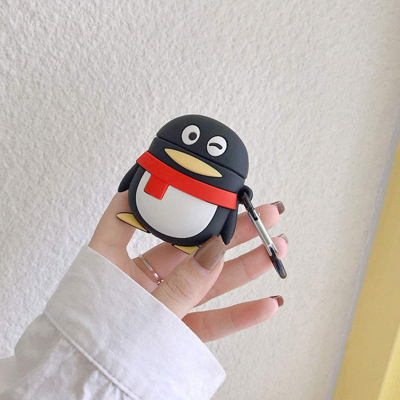 TOUBN Airpods Charging Case, Teens Girls Cute CartoonScarf Penguin Design Soft Silicone Full Protective Skin Cover Suitable For Airpods 1 & 2 With Hook