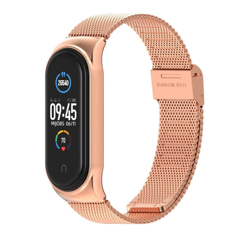 1 Mi Band 5 Strap Metal + 2 Mi Band 5 Screen Protector, 16mm Replacement Band Strap for Xiaomi Mi Band 5 Global Version Smart Bracelet (Rose Gold)