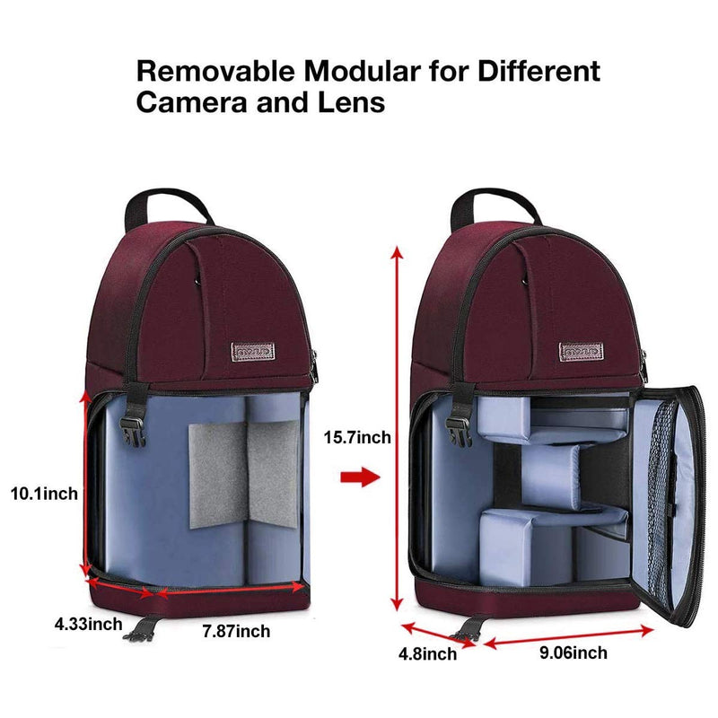 MOSISO Camera Sling Bag, DSLR/SLR/Mirrorless Camera Case Shockproof Photography Camera Backpack with Tripod Holder & Removable Modular Inserts Compatible with Canon/Nikon/Sony/Fuji, Wine Red