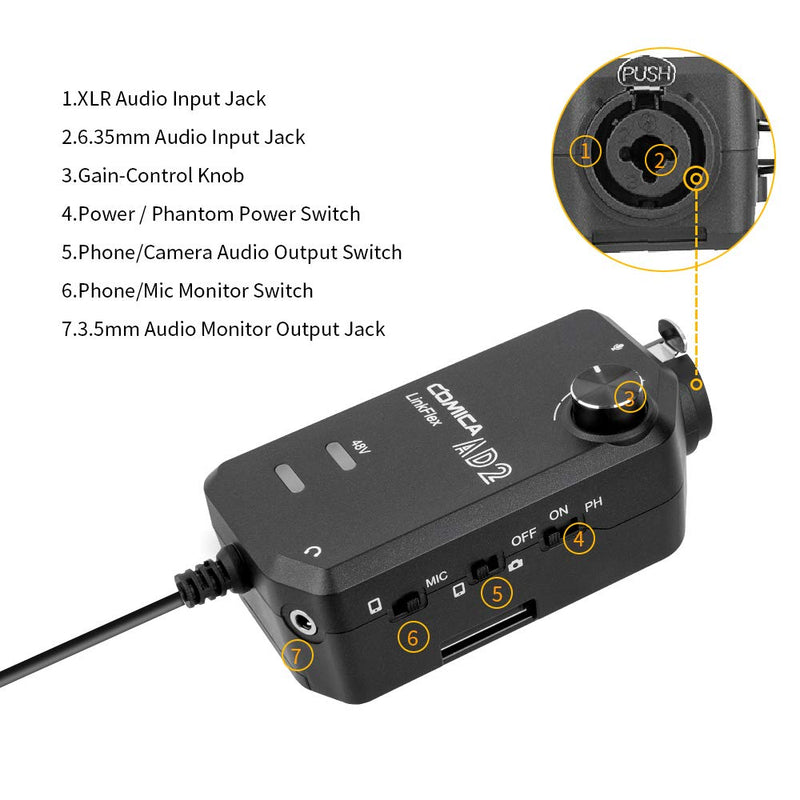 [AUSTRALIA] - Audio Preamp Adapter Comica LINKFlEX AD2 XLR/ 6.35MM Microphone Preamp Amplifier with 48V Phantom Power, Guitar Interface Adapter for iPhone,iPad,Android Smartphone and DSLR Cameras 