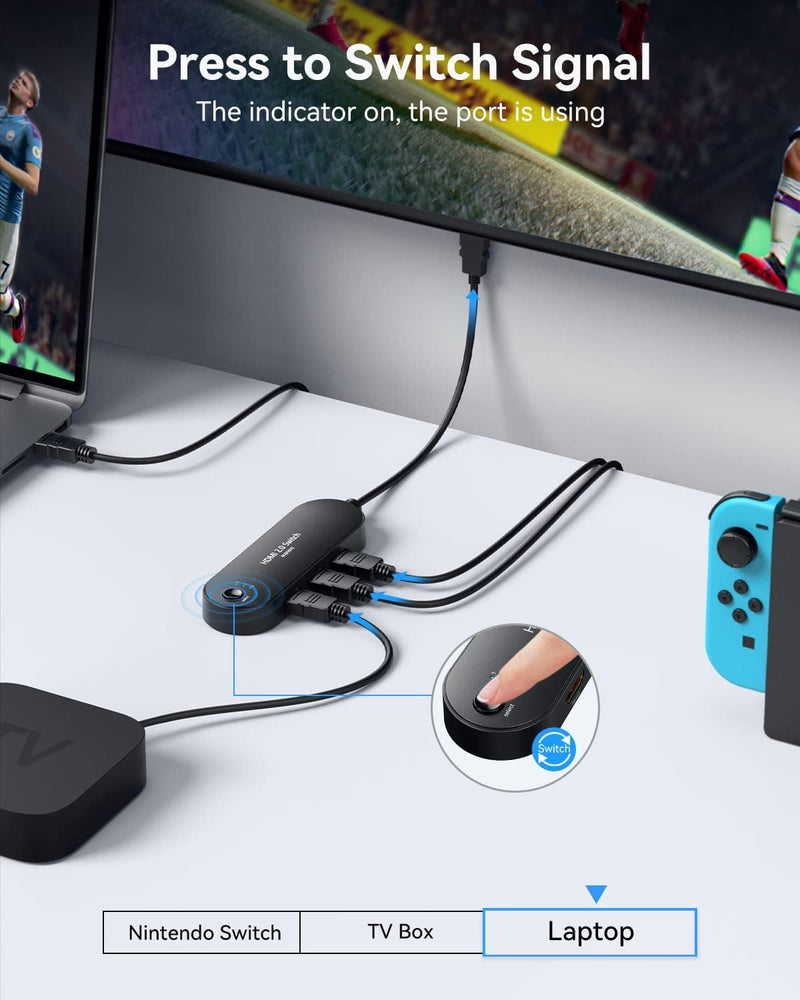 [AUSTRALIA] - HDMI Switch 4K@60Hz 3 in 1 Out, HDMI Splitter with 𝟯.𝟮𝙁𝙏 Long Cable, 3 Port Hdmi Switcher Box Supports Full HD 4K 1080P 3D, HDMI Switch Selector for Xbox PS3 4 5 TV Gaming Mac Roku HDTV 3.2FT Cable 