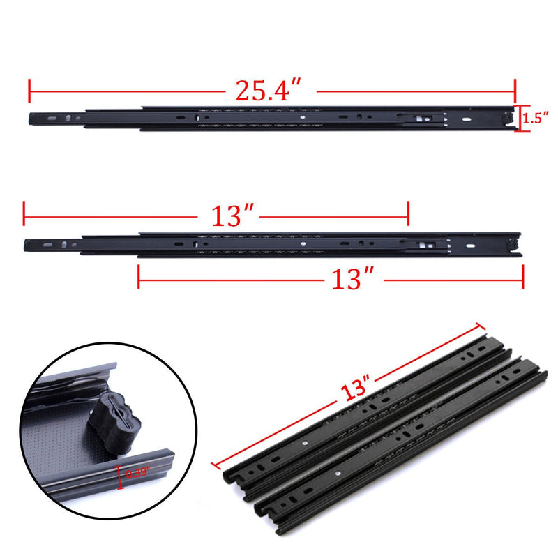 GLE2016 A Pair of Black Metal Quiet Ball Bearing Full Extension 3 Section Drawer Slide, Side Mount 32.5cm/13 Inch