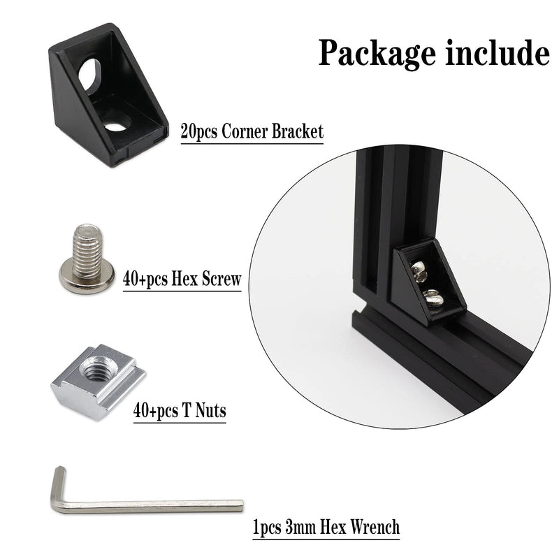 20pcs Black 2020 Series 1720 Aluminum Profile Corner Bracket with 40pcs M5 T Nuts +40pcs M5 Screws + 1pcs Wrench for Slot 6mm 20S Aluminum Rail Accessories (20PCS 1720 Corner Bracket) 20PCS 1720 Corner Bracket