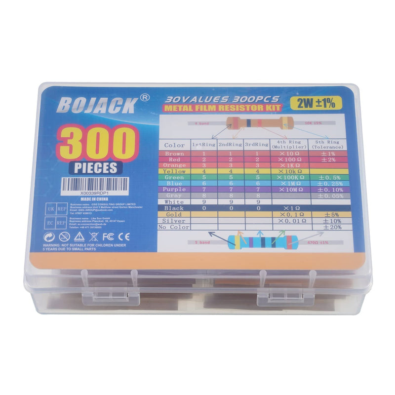 BOJACK 300 Pcs 30 Values Resistor Kit 1 Ohm - 1M Ohm with 1% 2W Metal Film Resistors Assortment 2 W