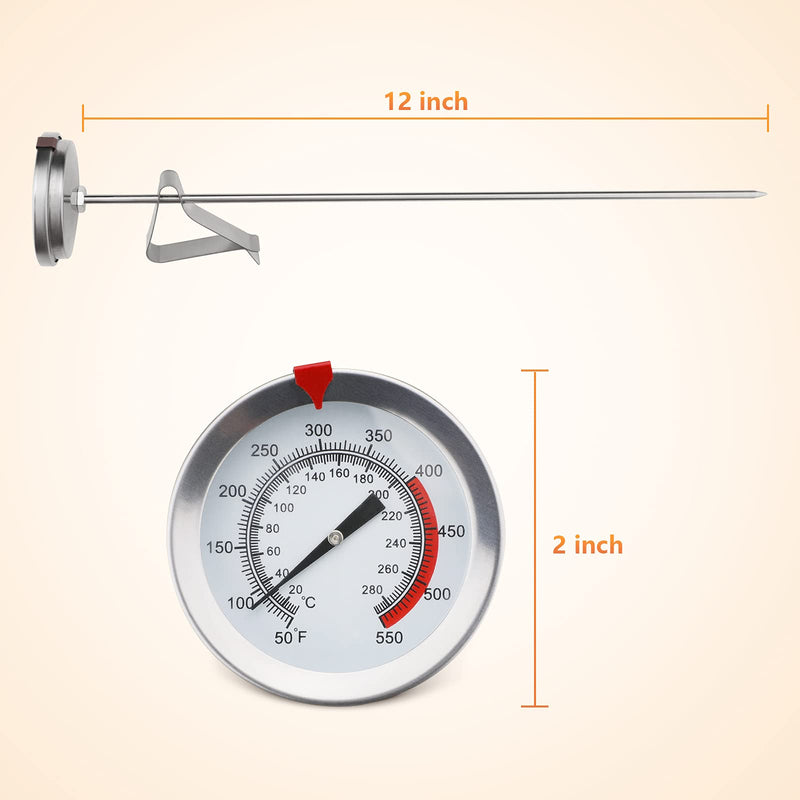 12" Meat Thermometer for Cooking Instant Read Long Stem Waterproof Stainless Steel Kitchen Thermometer for Deep Frying Candy Turkey BBQ Grill 12 inch
