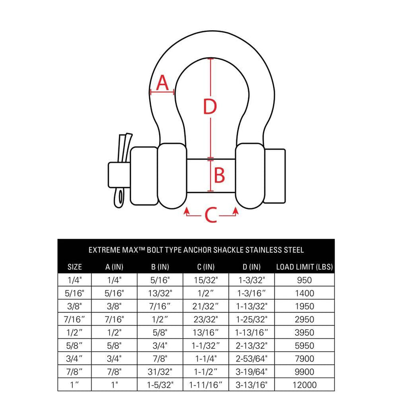 Extreme Max 3006.8372 BoatTector Stainless Steel Bolt-Type Anchor Shackle - 3/8" 3/8" Each