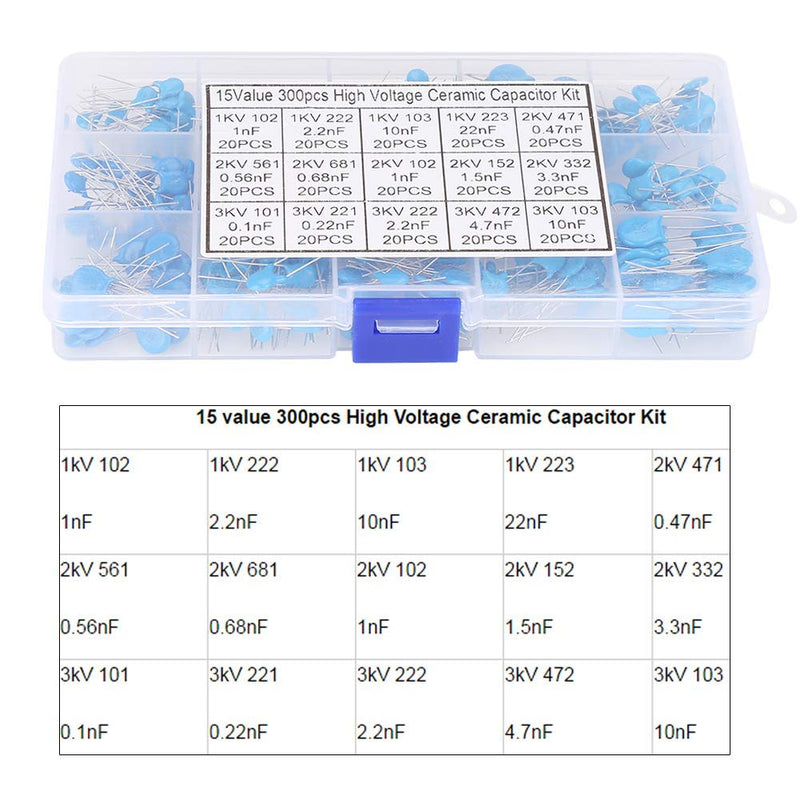 15 Value 300Pcs High Voltage Ceramic Capacitor Kit,Electrolytic Capacitor Assortment Kit Range 1kV~3kV/0.1nF~22nF, 50V