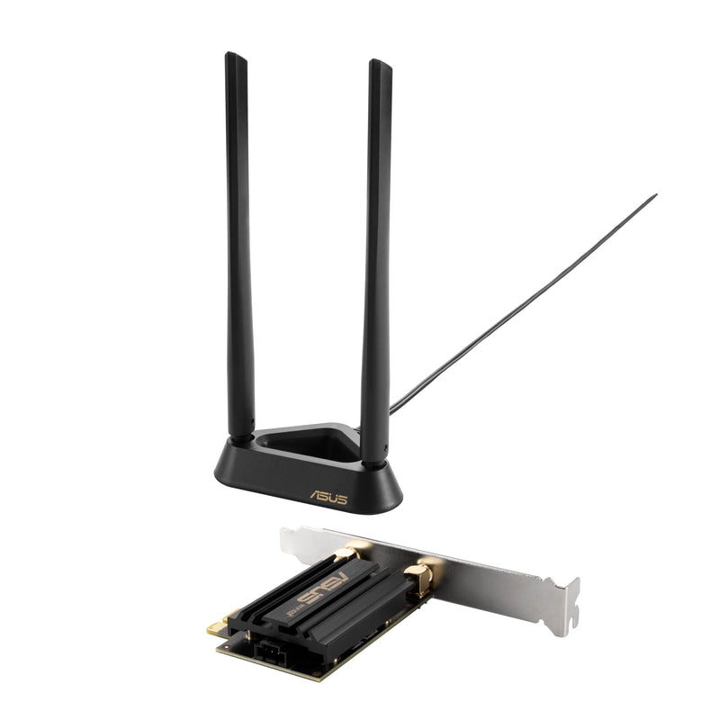 ASUS PCE-AXE59BT WiFi6 6E AX5400 PCI-E Adapter with 2 External Antennas and magnetized Base. Supporting 6GHz Band, 160MHz, Bluetooth 5.2, WPA3 Network Security, OFDMA and MU-MIMO AXE5400 | WiFi 6E | Heatsink