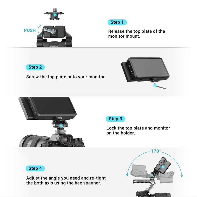 SmallRig HawkLock Mini Quick Release Field Monitor Mount, Swivel and Tilt Adjustable Monitor Bracket, Quick Release Monitor Holder w Cold Shoe Fits for 5" & 7" Monitors, Smartphones, LED Light - 3514