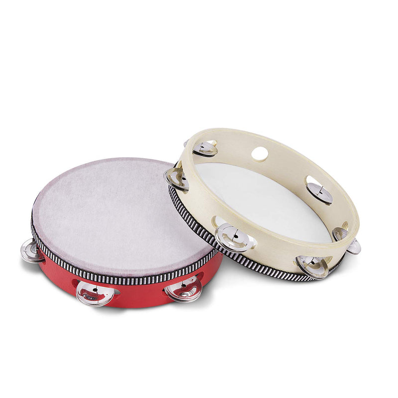 Flexzion Wood Handheld Tambourine 8" Inch Single Row 5 Pair Jingles (Red) - Hand Held Percussion Drum Moon Musical Tambourine with Ergonomic Handle Grip for Kids Adults Classroom Gift KTV Party 8 Inch Single Row - Red
