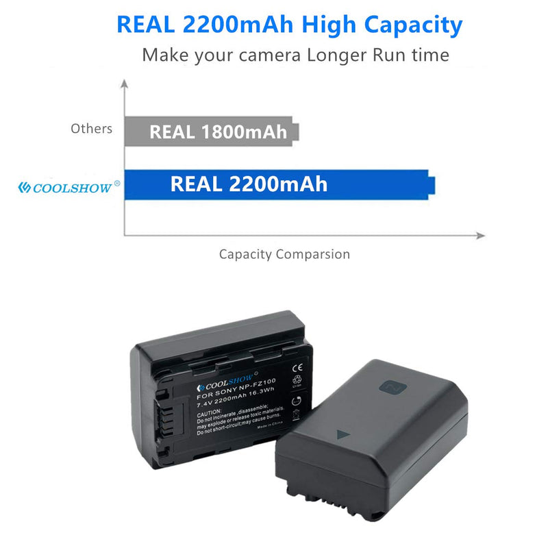 COOLSHOW NP-FZ100 Battery Replacement 2 Pack and FZ100 Battery Dual LCD Charger for Sony Alpha 9,A9,Alpha 9R,A9R,Alpha 9S, BC-QZ1,A7RIII,A7R3,a7 III,a7R IV Digital Camera