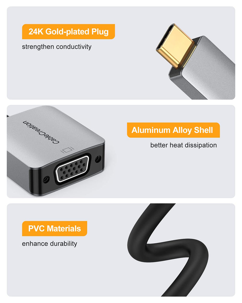 USB C to VGA Adapter, CableCreation Type C to VGA 1080P@60Hz Dongle, Compatible with MacBook Pro 2020, iPad Pro 2020, Surface Book 2, Chromebook Pixel, XPS 15, Calaxy S20 S10, LG G5 Aluminum Gray 1PACK