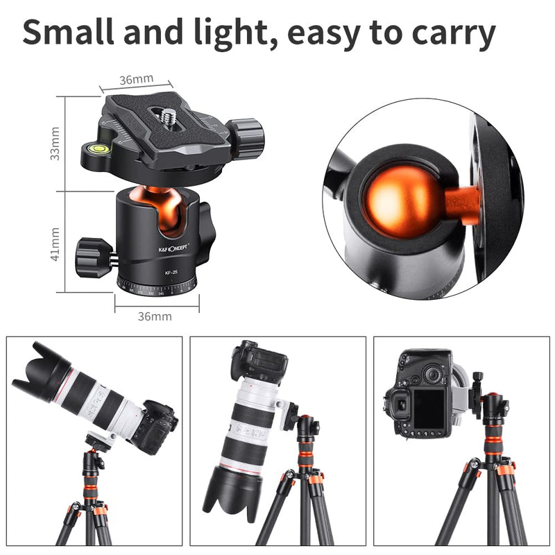 K&F Concept 25mm Metal Tripod Ball Head 360 Degree Rotating Panoramic with 1/4 inch Quick Release Plate Bubble Level for Tripod Monopod Slider Camera Camcorder up to 22 pounds/10 kilograms 25mm Ball Head