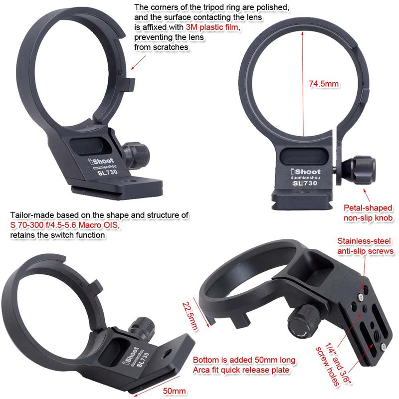 iShoot Lens Collar Tripod Mount Ring Socket Compatible with Panasonic Lumix S 70-300 f/4.5-5.6 Macro OIS, Metal Lens Support Holder Bracket Bottom is Arca-Swiss Fit Quick Release Plate Dovetail Groove