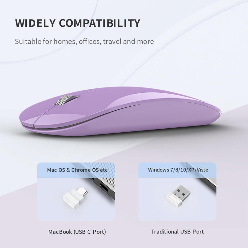 [AUSTRALIA] - Uiosmuph Wireless Mouse, USB C Rechargeable Computer Mouse, Slim Silent Mice 2.4GHz Optical with USB Nano Receiver and Type C Receiver for Laptop/Mac/PC Purple 