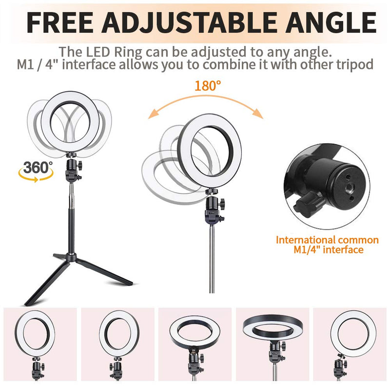 Travor 6-inch Dimmable LED Selfie Ring Light with Adjustable Stand with Remote Control, 3 Modes and 11-Level Brightness for YouTube Makeup Photography Shooting 6inch