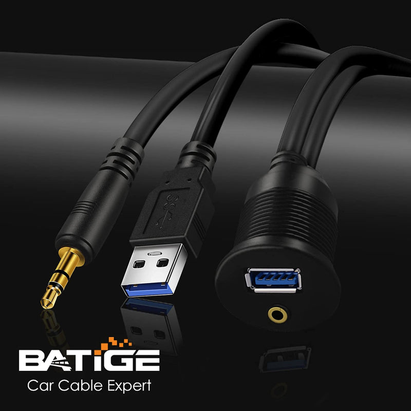 BATIGE USB 3.0 & 3.5mm Car Mount Flush Cable 3.5mm + USB3.0 AUX Extension Dash Panel Waterproof Mount Cable for Car Boat and Motorcycle - 3ft Classic 1pcs