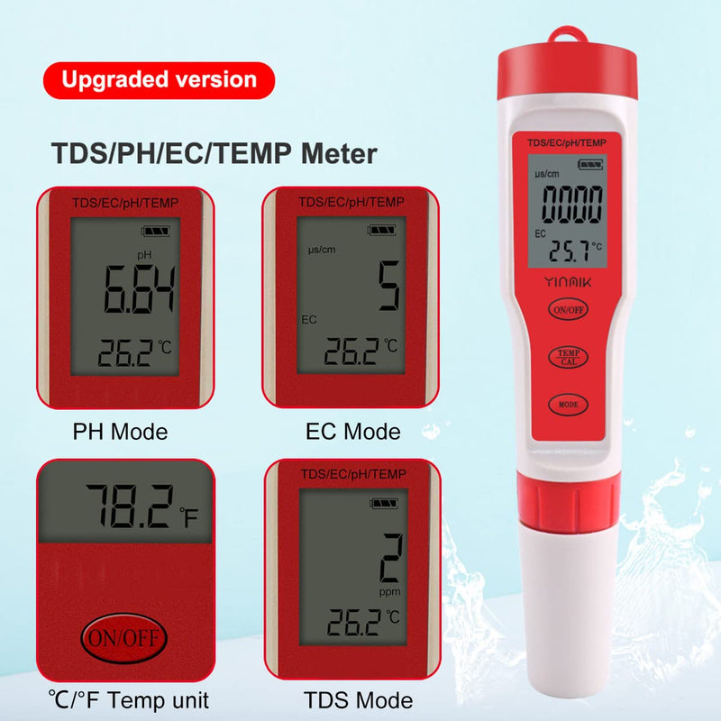 Professional Multifunctional 4 in 1 TDS PH Meter Digital Water Tester, YINMIK PH/TDS/EC/Temperature Meter 4 in 1, Water Quality Monitor Tester Kit for Pools, Drinking Water, Hydroponic, Aquariums