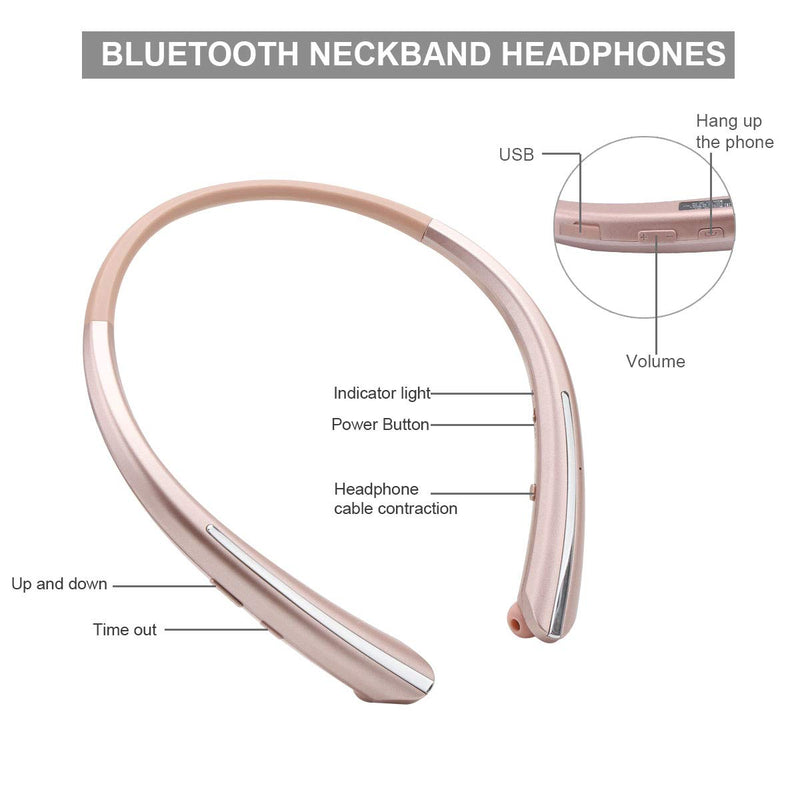 [AUSTRALIA] - Bluetooth Retractable Headphones, Wireless Earbuds Neckband Headset HD Stereo Earphones with Mic (Rose) Rose 