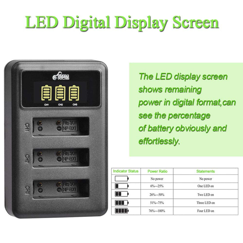 NP-BX1 Battery (3-Pack) and 3-Channel LED Charger Compatible with Sony Cyber-Shot DSC-RX100,DSC-RX100 II,DSC-RX100M II,DSC-RX100 III,DSC-RX100 IV,DSC-RX100 V,DSC-RX100 VII HX50V, HX60V, HX80V, HX90 3 battery + 3-slots LED Charger