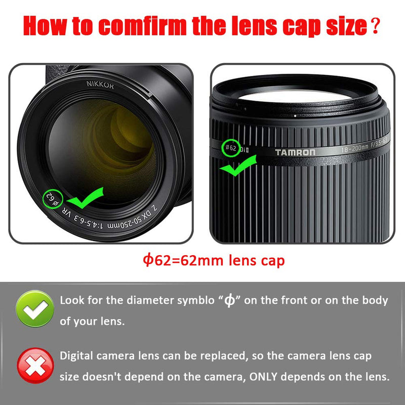 Center Pinched Lens Cap for Nikkor Z 50-250mm Lens for Nikon Z50, for Sony RX10 CX900E AX100E E18-200LE II E10-8 Lens, Fire Rock Second Generation Snap-On 62mm Lens Cap-2Packs