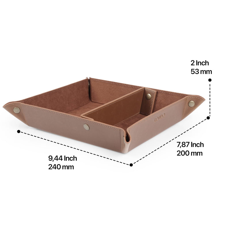 Londo Leather Tray Organizer - Practical Storage Box for Wallets, Watches, Keys, Coins, Cell Phones and Office Equipment Light Brown