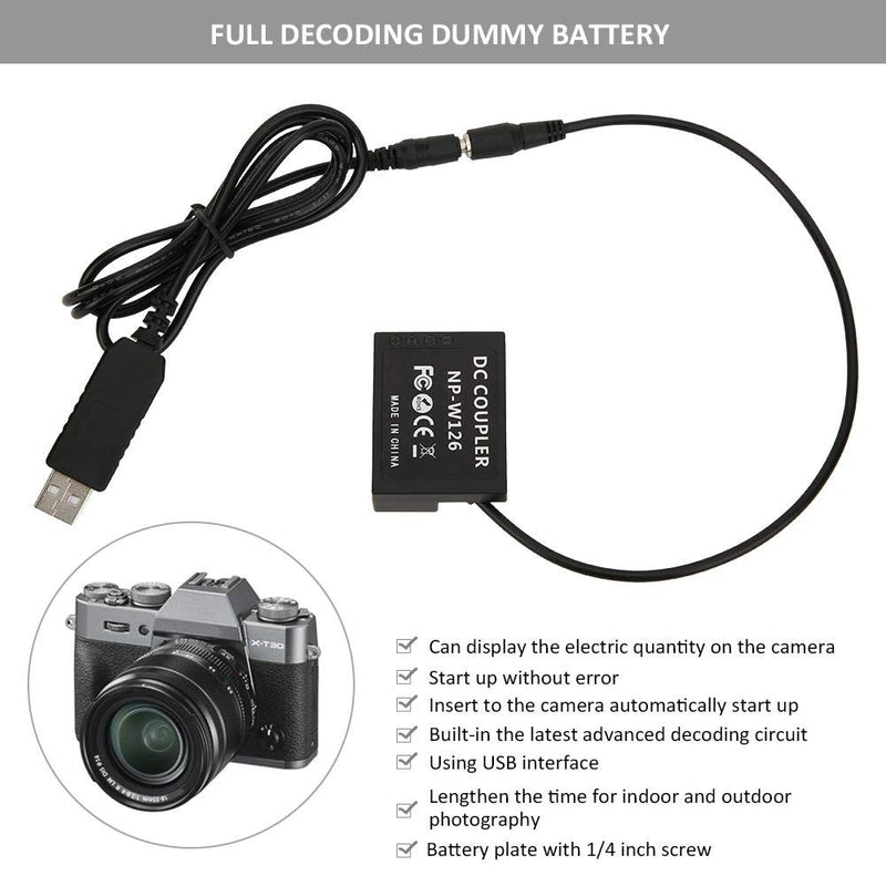 Camera Full Decoding Dummy Battery, USB Interface to NP-W126 Dummy Battery Adapter for Fuji X-T1 X-T2 X-T3 X-T10 X-T20 X-T30 X-Pro1 X-Pro2 X-Pro3