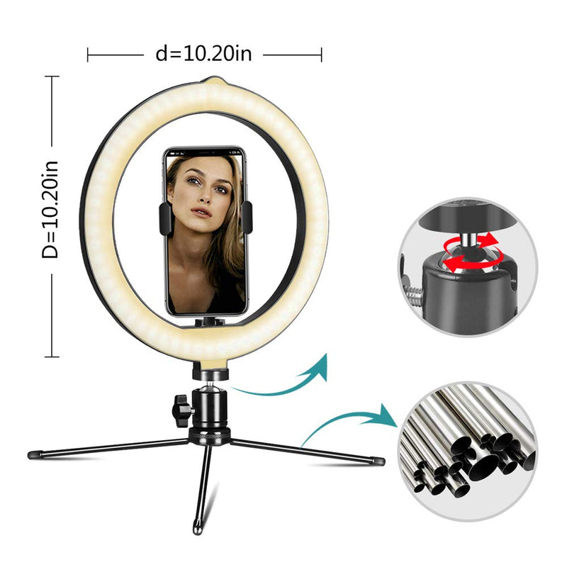 10" Selfie Ring Light for Live Stream/Makeup/TikTok/YouTube Video, Dimmable Desk and Phone Holder LED Circle Lights