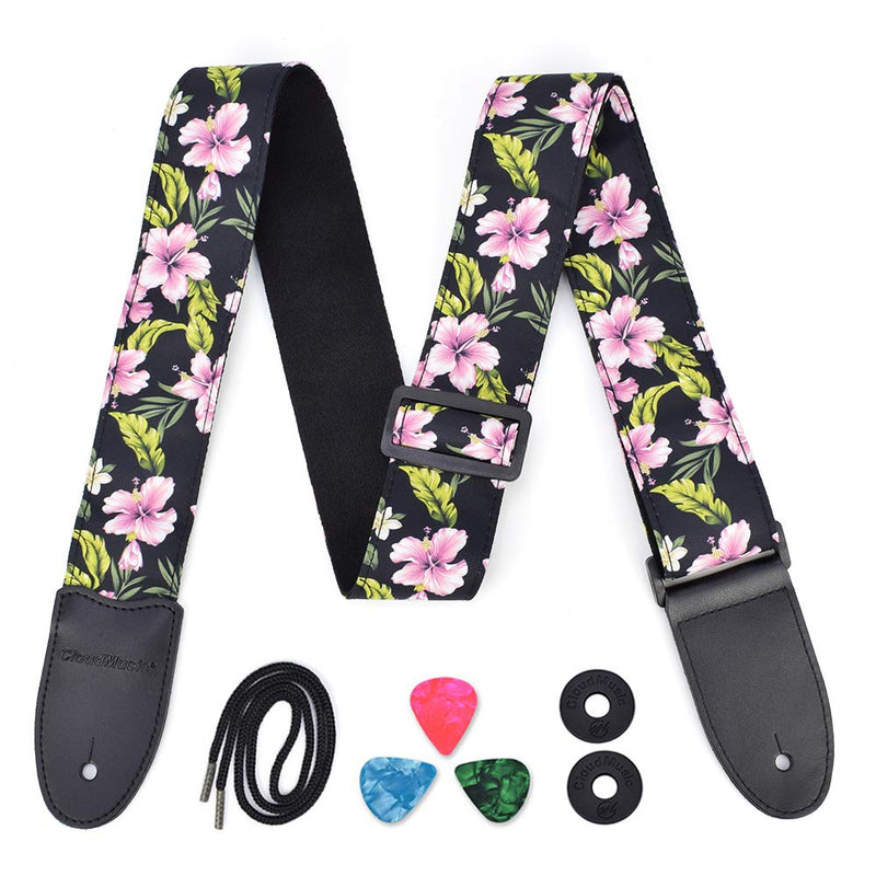 CLOUDMUSIC Guitar Strap Flowers Hibiscus For Acoustic Electric Bass(Pink Hibiscus In Black) Pink Hibiscus In Black