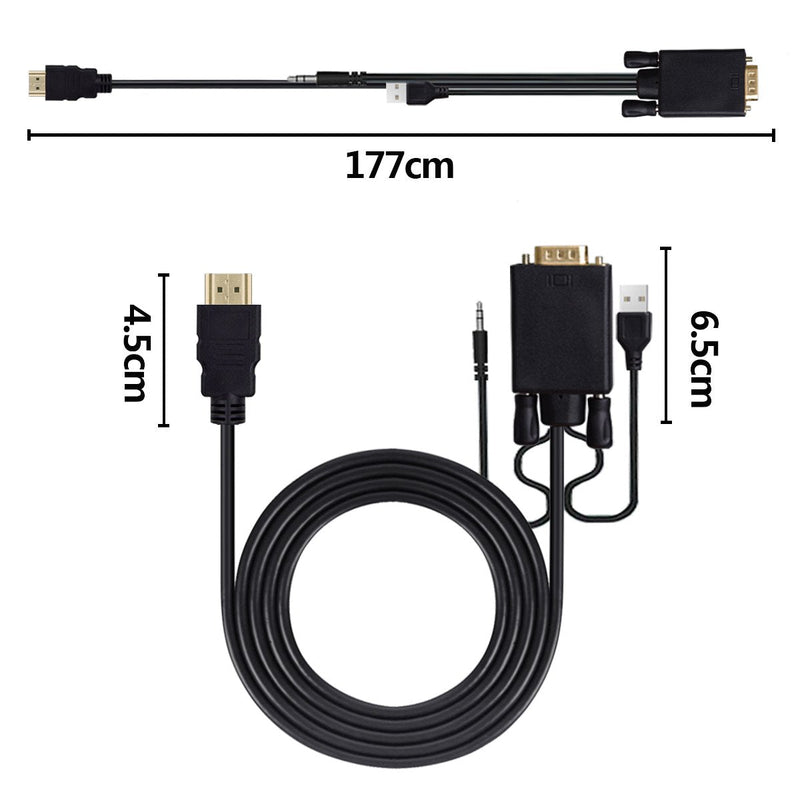 HDMI to VGA Adapter Cable with 3.5mm Audio Cord, 1080P HDMI to VGA Male Converter Cord Support Apple Mackbook Sony PS2 PS3 PS4 Xbox Notebook PC DVD Player Laptop TV Etc (6 Ft/1.8m)
