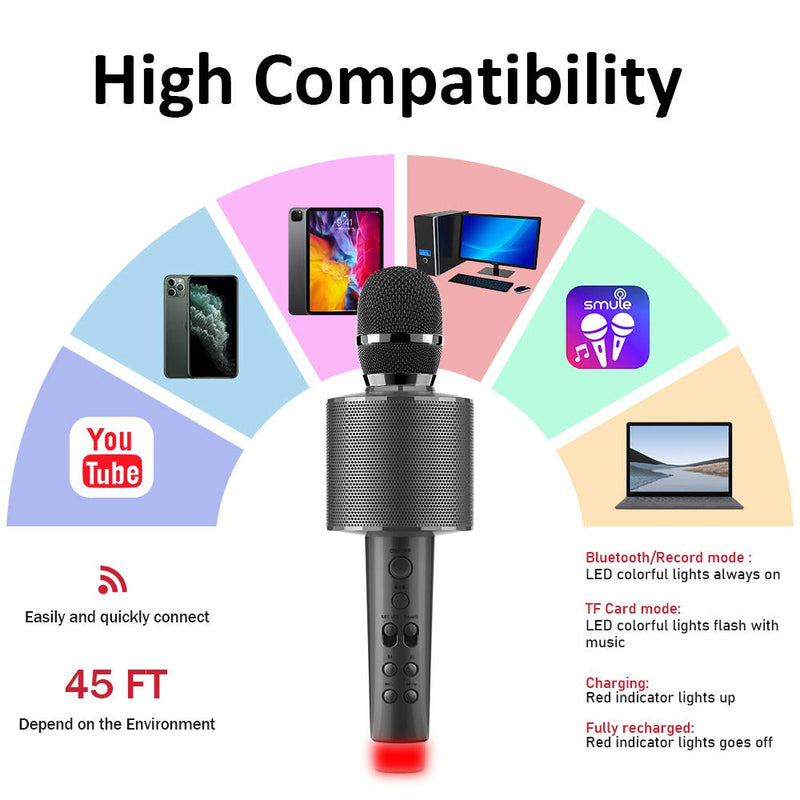 [AUSTRALIA] - BLAVOR Bluetooth Karaoke Microphone Wireless for Kids Adults, Magic Sing Portable Handheld Speaker Machine with LED Lights Home Party Birthday Toys for 4 5 6 7 8 9 10 11 12 Year Old Girls Boys(Gray) Gray 