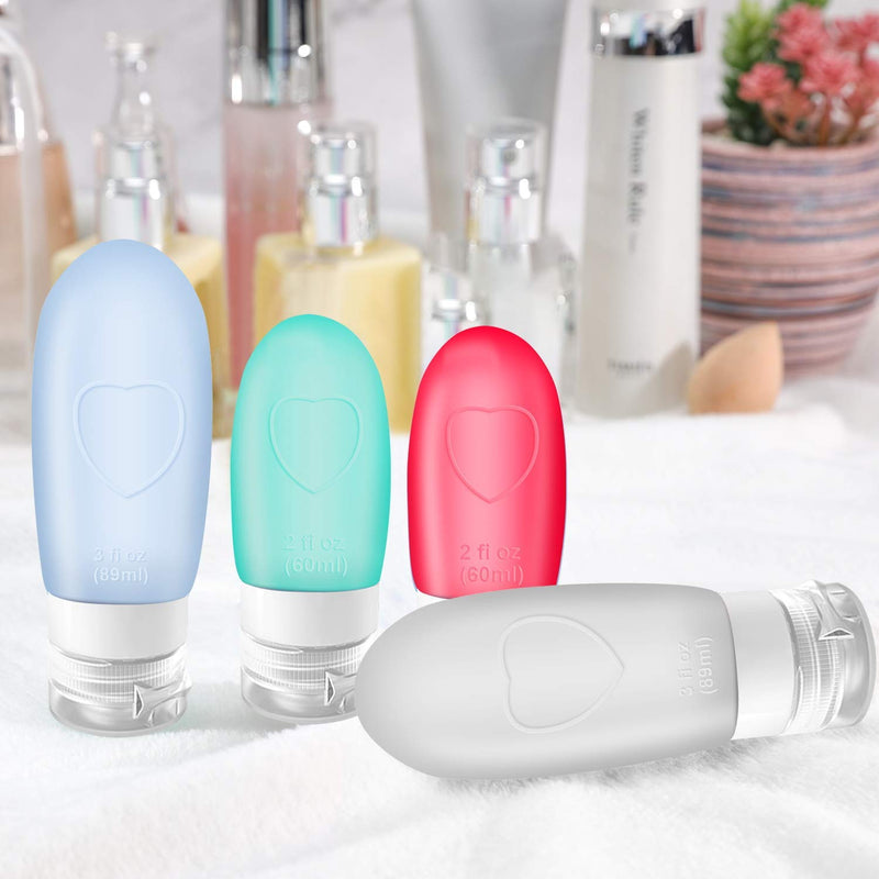 Travel Bottles Set TSA Approved, Reusable Leak Proof Silicone Travel Size Toiletries Containers, Portable Squeezable Refillable 3oz and 2oz Travel Accessories For Cosmetics,Shampoo, Liquids. (4 Pack) Set 1