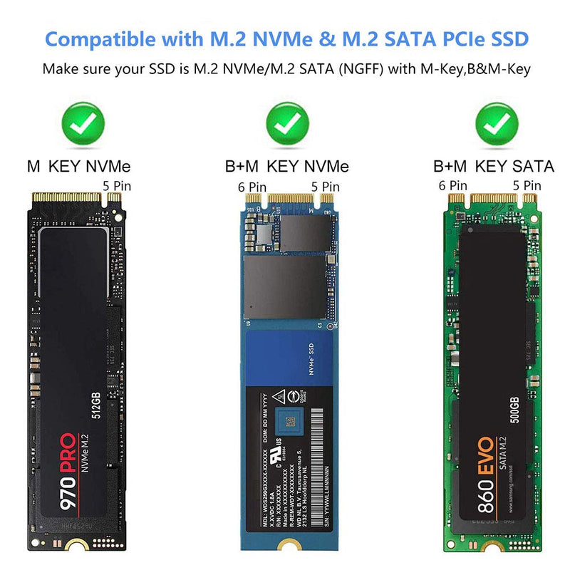 M.2 NVME NGFF SSD Enclosure Adapter Tool-Free, RTL9210B Chips, USB C 3.1 Gen 2 10Gbps NVME, 6Gbps SATA PCIe M-Key(B+M Key), Support UASP Trim for SSD Size 2230/2242/2260/2280 RTL9210B NVMe & SATA Protocol