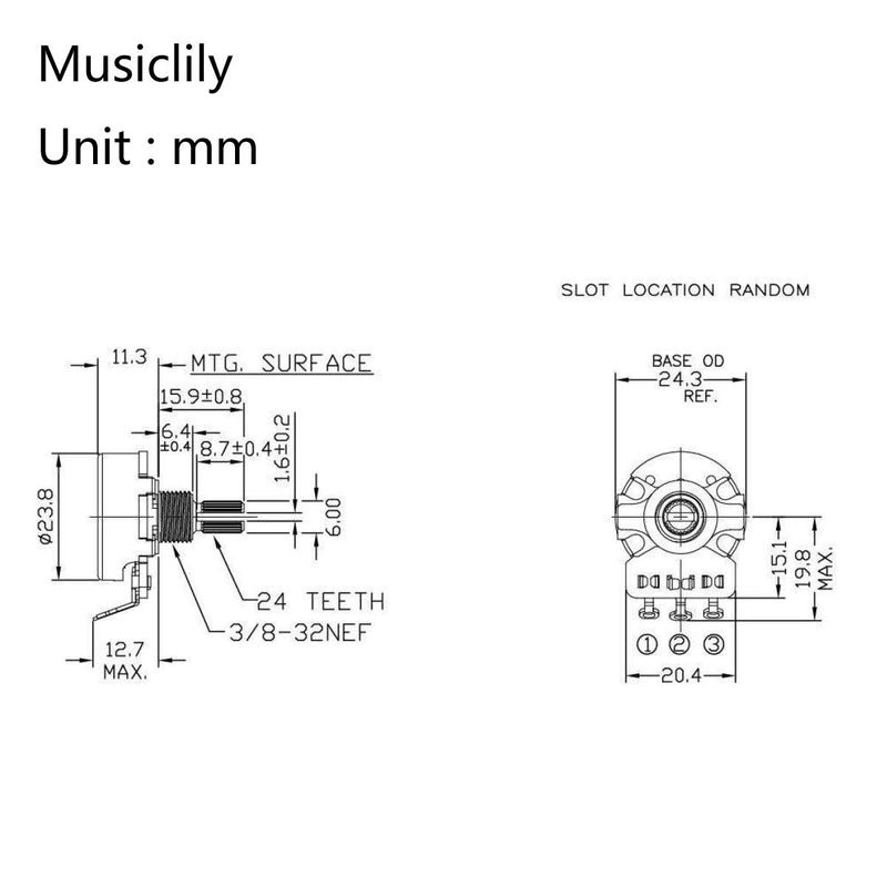 CTS 450 Series A/B500K Split Shaft Fine 24-Splines Audio/Linear Taper Potentiometer for Electric Guitar Bass, 10% Tolerance (2 Audio, 2 Linear) 500K Set