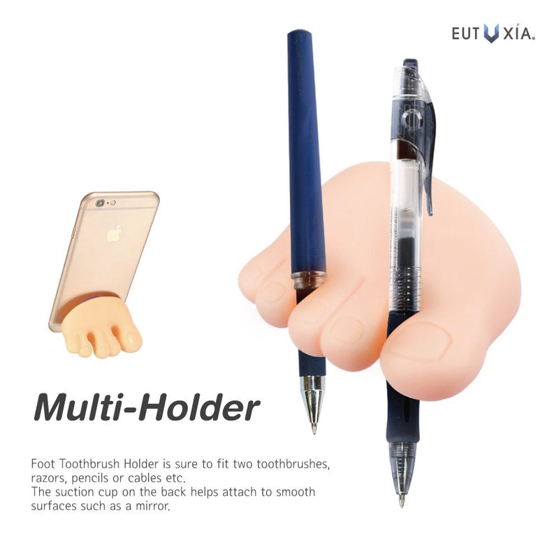 Eutuxia Toothbrush Holder with Suction Cup. Unique Foot Shaped Organizer Holds 2 Items Such as Razors, Pens, Pencils, and Cables. Also Works as Phone Stand to Watch Movies. Easy Wall Mount Setup. 1 PK