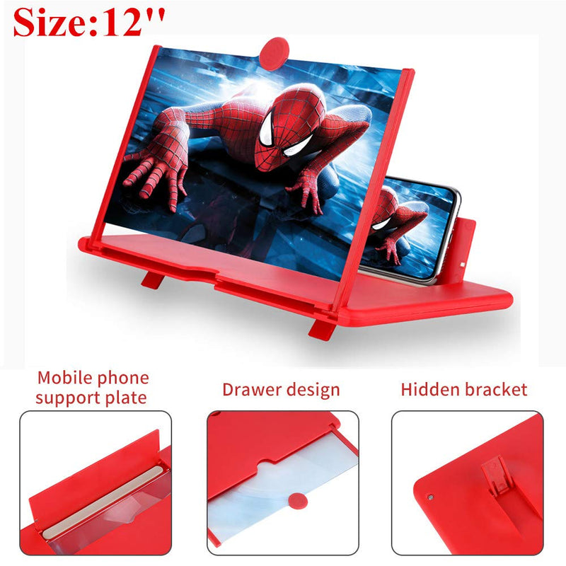 12'' 3D Phone Screen Magnifier – HD Magnifier Projector Screen Enlarger for Videos, Movies, Games – Foldable Phone Stand with Screen Amplifier – Supports All Smartphones (Red) Red