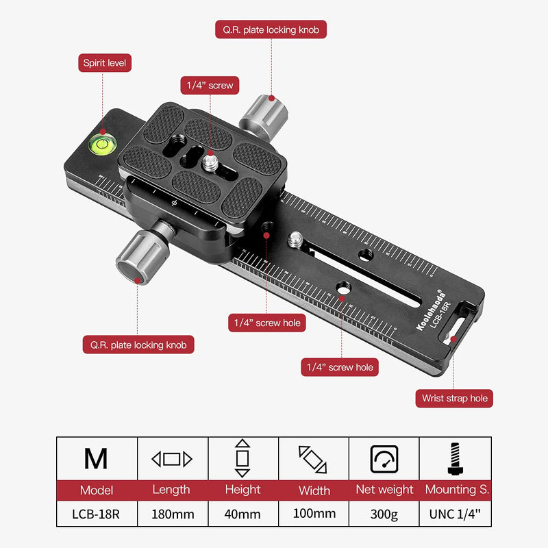 koolehaoda 180mm Rail Nodal Slide Metal Quick Release Clamp,Dual Dovetail Camera Bracket Mount with Double-Sided Clamp can be Rotated 90°, for Camera with Arca Swiss Compatible(LCB-18R) LCB-18R