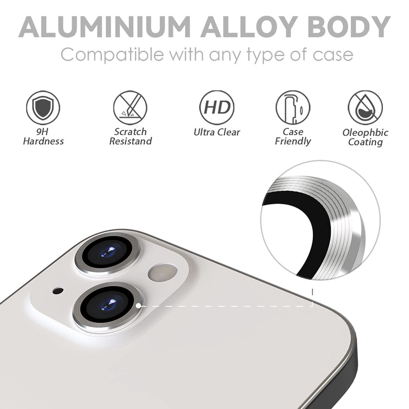 CloudValley Camera Lens Protector Designed for iPhone 13/13 Mini, Tempered Glass Protective Film, Aluminum Alloy Camera Lens Cover, Silver
