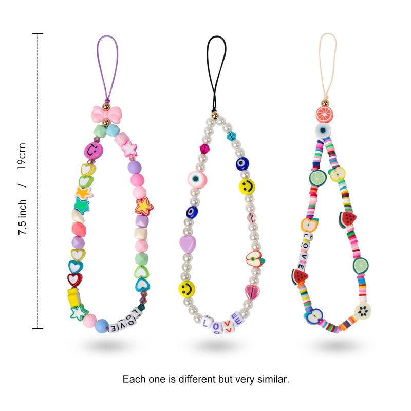 3 Pieces Smiley Face Beaded Phone Lanyard Wrist Strap Fruit Star Letter Pearl Handmade Rainbow Polymer Clay Acrylic Beads Pearl Bracelet Keychain for Women