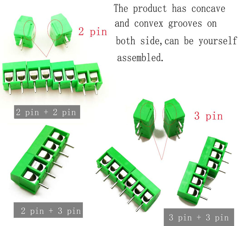 Hyamass 60pcs 5mm Pitch 2 Pin & 3 Pin PCB Mount Screw Terminal Block Connector for Arduino (40 x 2 Pin, 20 x 3 Pin)（Green） 2 Pin & 3 Pin Green